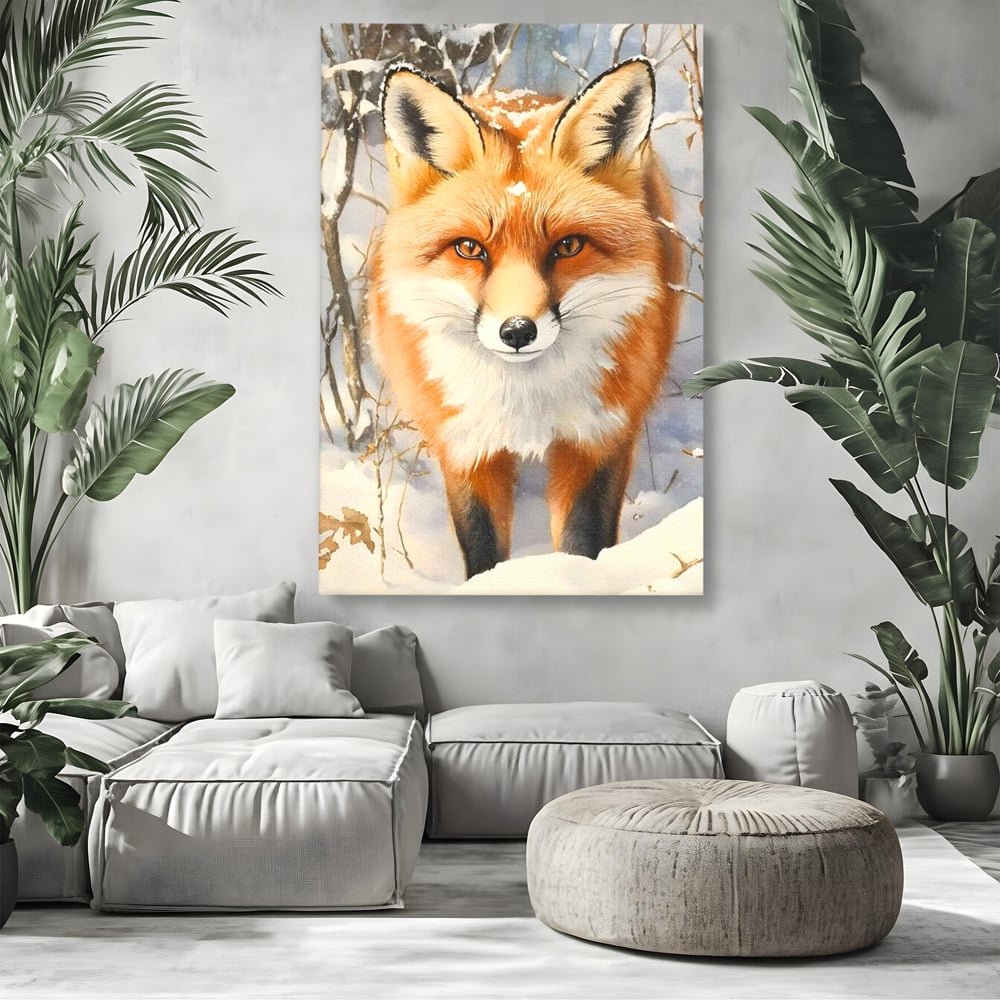 Tablou canvas cu tablou canvas cu vulpe in zapada, fara rama, pe sasiu de lemn, pe perete intr-un living